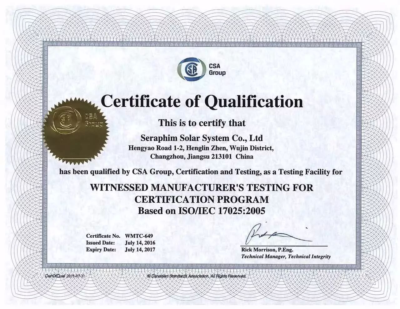 Seraphim Received the Witness Laboratory Accreditation Certificate (WMTC) authorized by CSA Group