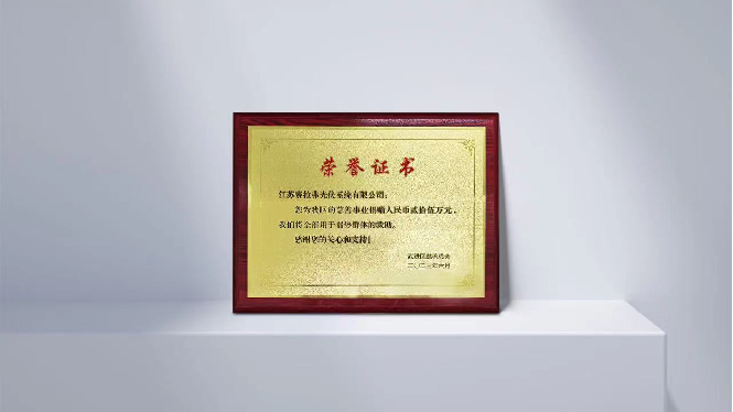 Certificado de honor por donación de 250,000 yuanes a grupos vulnerables de Changzhou